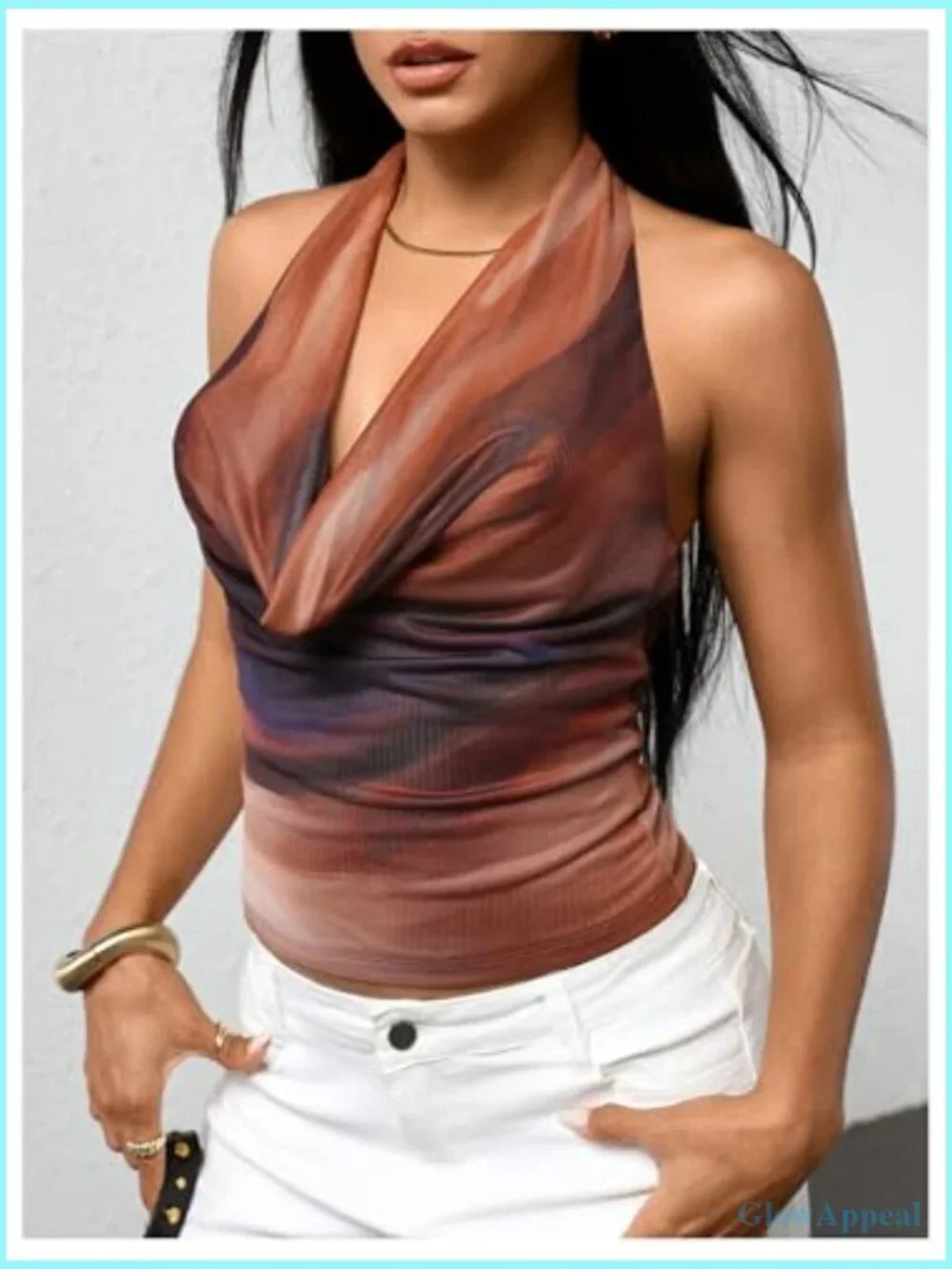 Polka Dot Halter Top Backless Deep V Cowl Neck Crop Tank